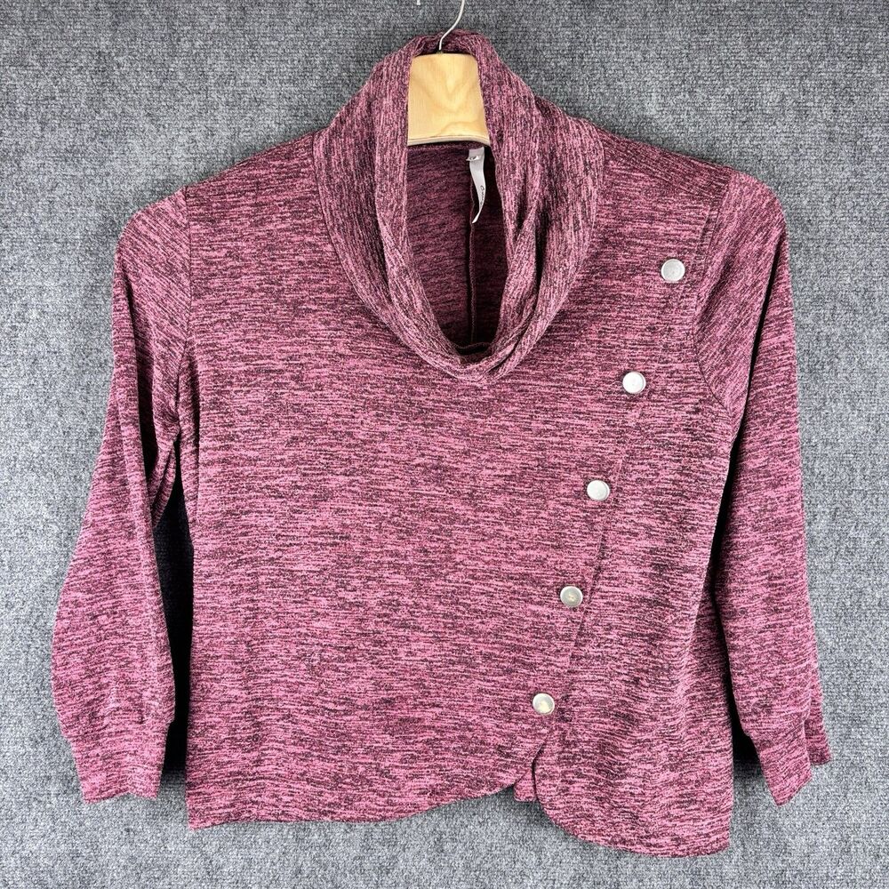 NY Collection Womens 1X Sweater Top Burgundy Marled Cowl Neck Button Detail 3/4